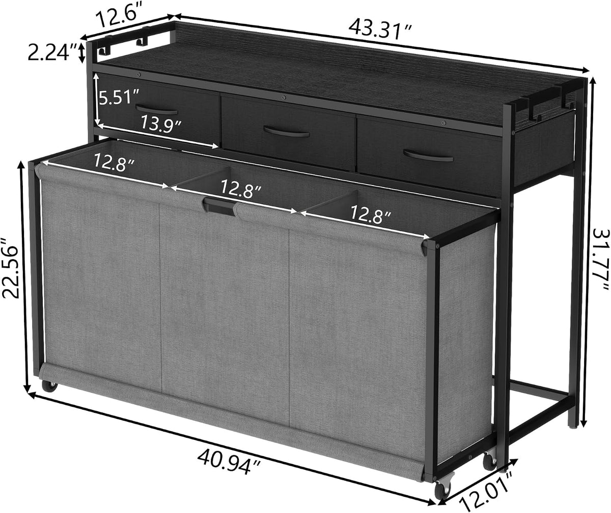 Laundry Hamper Laundry Basket with 3 Section Pull-Out Rolling Bags, Laundry Sorter for Organization and Storage with 2 Pull-Out Drawers for Laundry Room, Bathroom, Bedroom Use (Black)