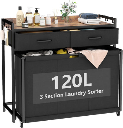 Laundry Hamper Laundry Basket with 3 Section Pull-Out Rolling Bags, Laundry Sorter for Organization and Storage with 2 Pull-Out Drawers for Laundry Room, Bathroom, Bedroom Use (Black)
