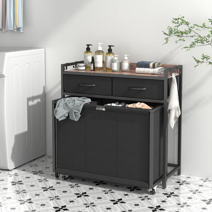 Laundry Hamper Laundry Basket with 3 Section Pull-Out Rolling Bags, Laundry Sorter for Organization and Storage with 2 Pull-Out Drawers for Laundry Room, Bathroom, Bedroom Use (Black)