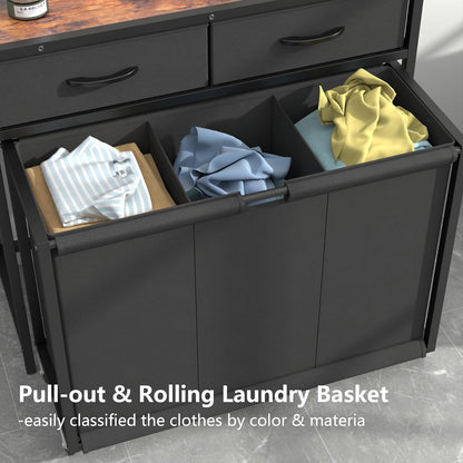 Laundry Hamper Laundry Basket with 3 Section Pull-Out Rolling Bags, Laundry Sorter for Organization and Storage with 2 Pull-Out Drawers for Laundry Room, Bathroom, Bedroom Use (Black)