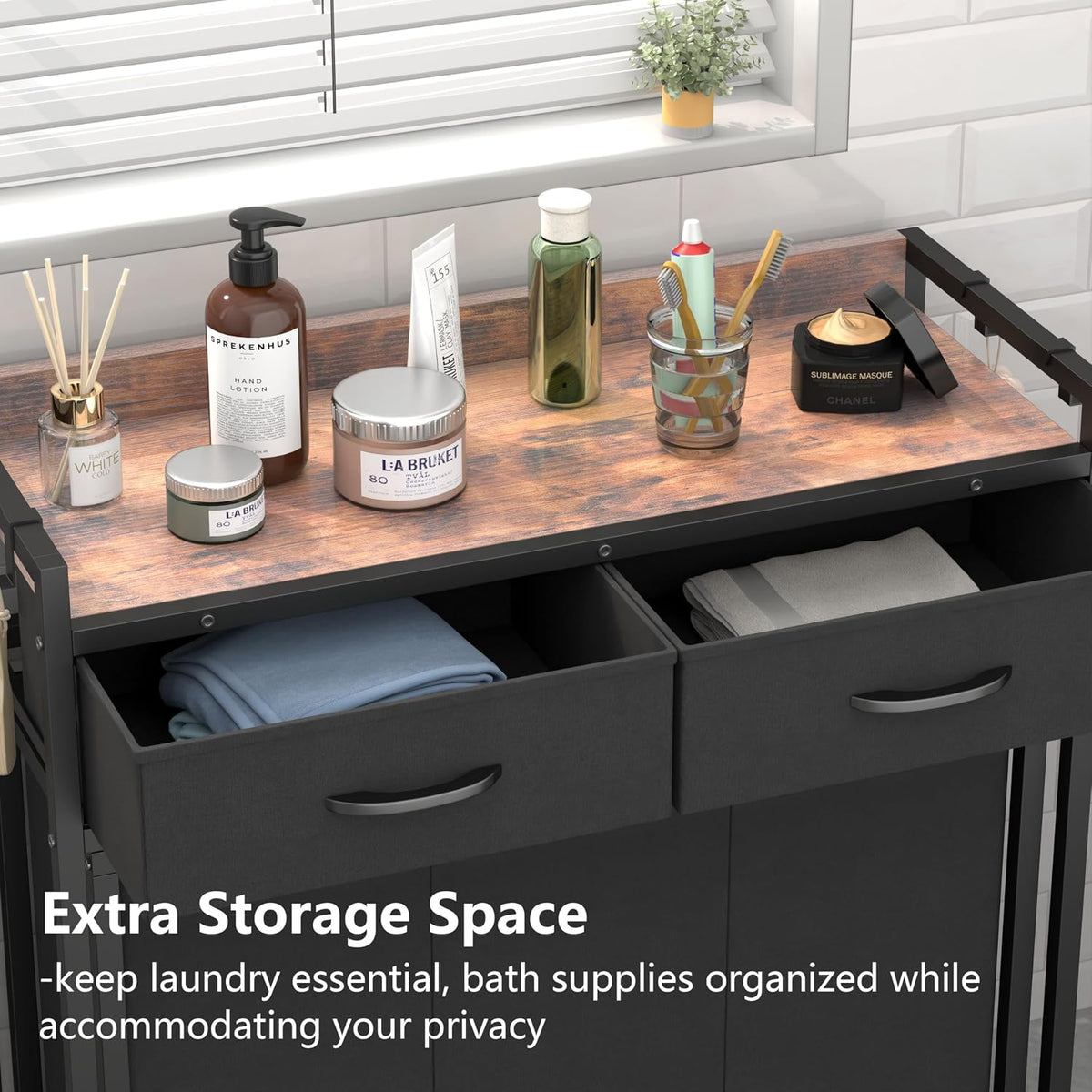 Laundry Hamper Laundry Basket with 3 Section Pull-Out Rolling Bags, Laundry Sorter for Organization and Storage with 2 Pull-Out Drawers for Laundry Room, Bathroom, Bedroom Use (Black)