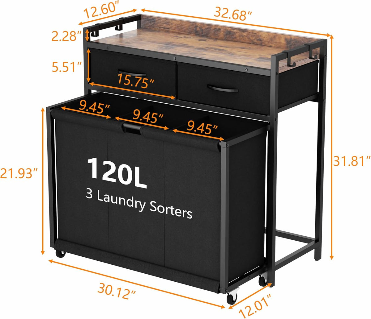 Laundry Hamper Laundry Basket with 3 Section Pull-Out Rolling Bags, Laundry Sorter for Organization and Storage with 2 Pull-Out Drawers for Laundry Room, Bathroom, Bedroom Use (Black)
