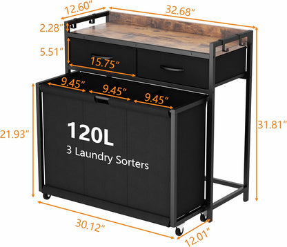 Laundry Hamper Laundry Basket with 3 Section Pull-Out Rolling Bags, Laundry Sorter for Organization and Storage with 2 Pull-Out Drawers for Laundry Room, Bathroom, Bedroom Use (Black)