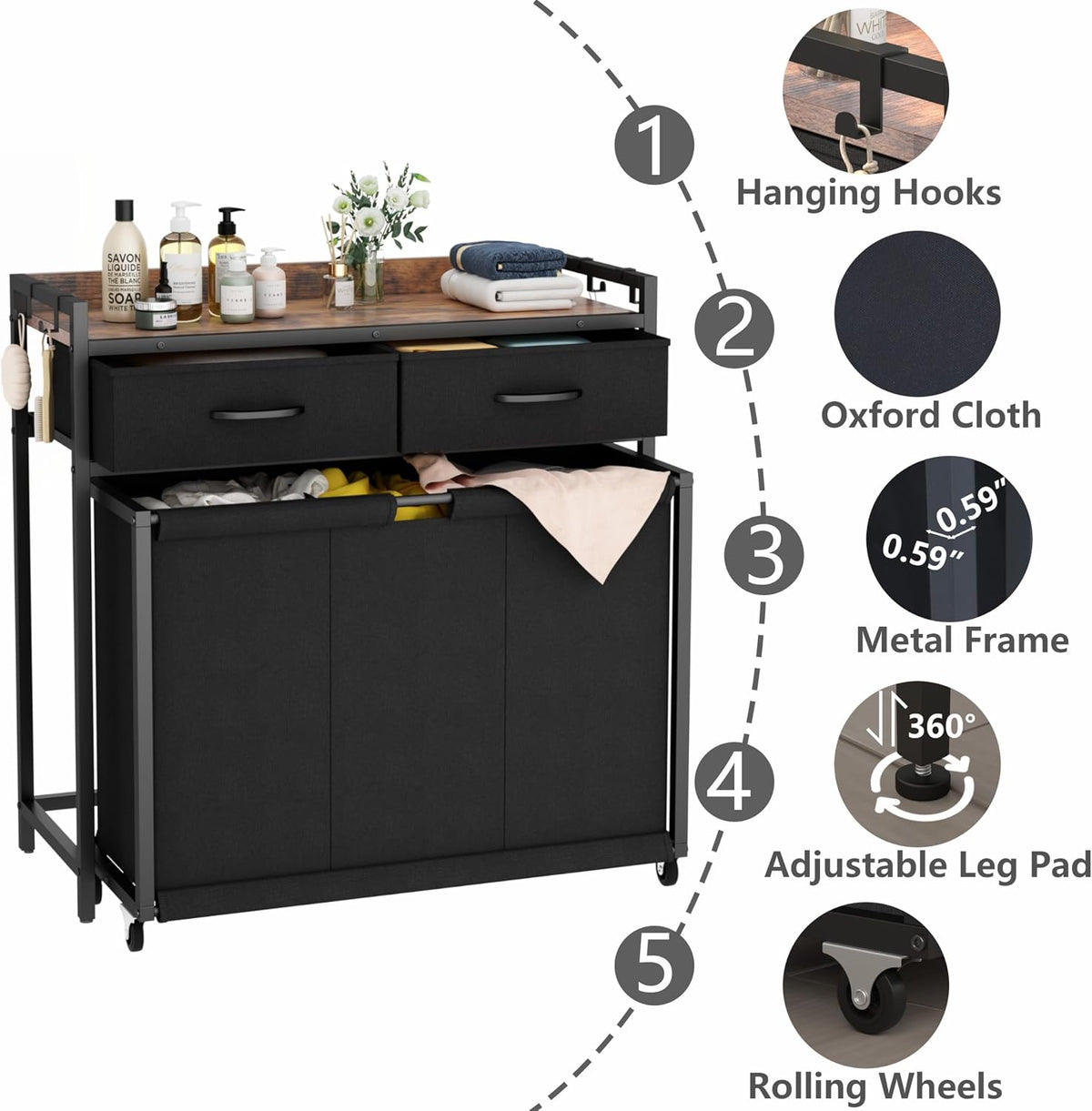 Laundry Hamper Laundry Basket with 3 Section Pull-Out Rolling Bags, Laundry Sorter for Organization and Storage with 2 Pull-Out Drawers for Laundry Room, Bathroom, Bedroom Use (Black)