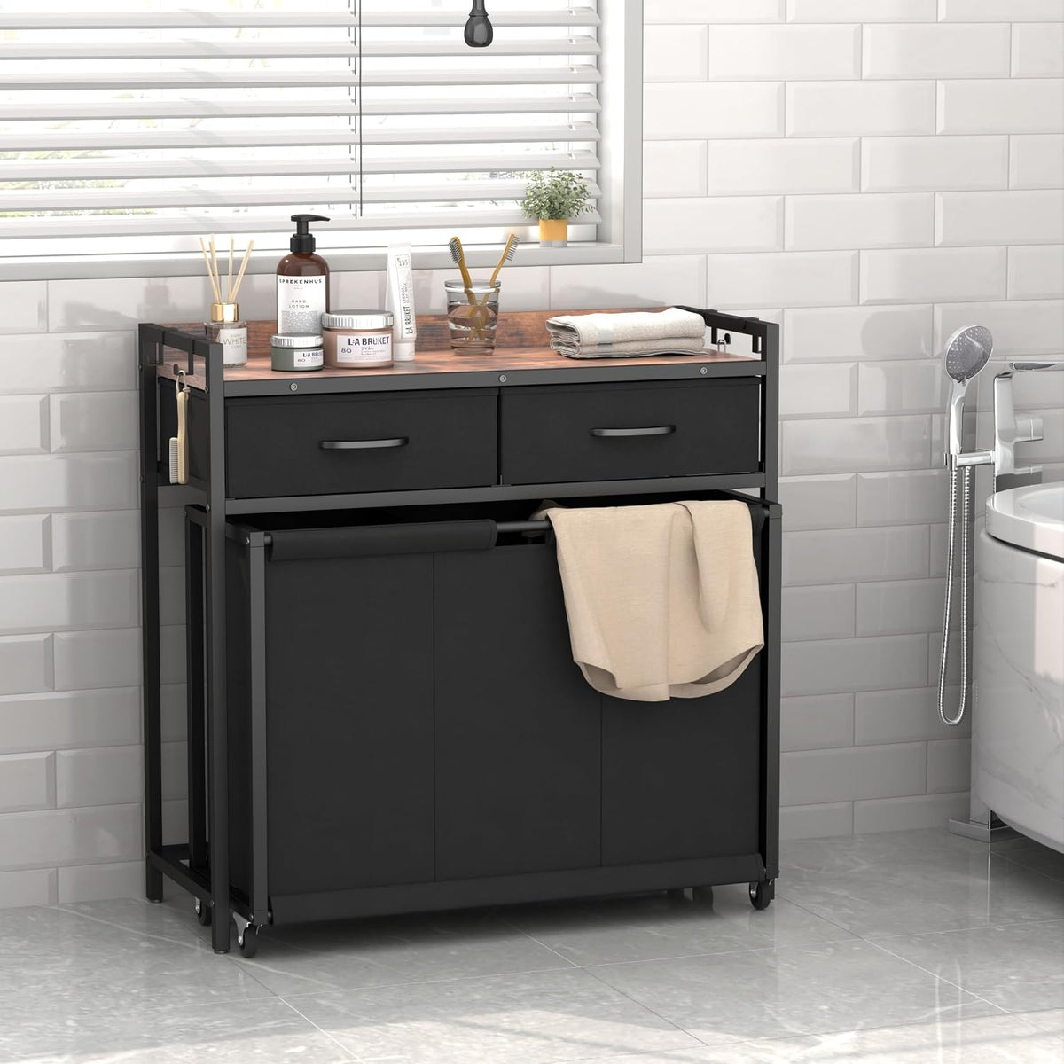 Laundry Hamper Laundry Basket with 3 Section Pull-Out Rolling Bags, Laundry Sorter for Organization and Storage with 2 Pull-Out Drawers for Laundry Room, Bathroom, Bedroom Use (Black)
