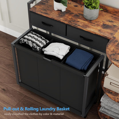 Laundry Hamper Laundry Basket with 3 Section Pull-Out Rolling Bags, Laundry Sorter for Organization and Storage with 2 Pull-Out Drawers for Laundry Room, Bathroom, Bedroom Use (Black)