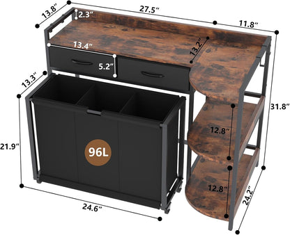 Laundry Hamper Laundry Basket with 3 Section Pull-Out Rolling Bags, Laundry Sorter for Organization and Storage with 2 Pull-Out Drawers for Laundry Room, Bathroom, Bedroom Use (Black)