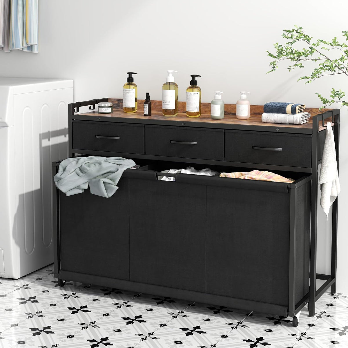 Laundry Hamper Laundry Basket with 3 Section Pull-Out Rolling Bags, Laundry Sorter for Organization and Storage with 2 Pull-Out Drawers for Laundry Room, Bathroom, Bedroom Use (Black)