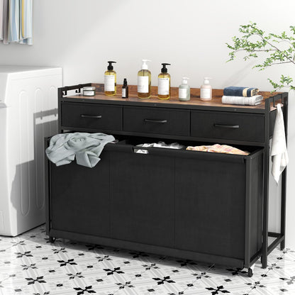 Laundry Hamper Laundry Basket with 3 Section Pull-Out Rolling Bags, Laundry Sorter for Organization and Storage with 2 Pull-Out Drawers for Laundry Room, Bathroom, Bedroom Use (Black)