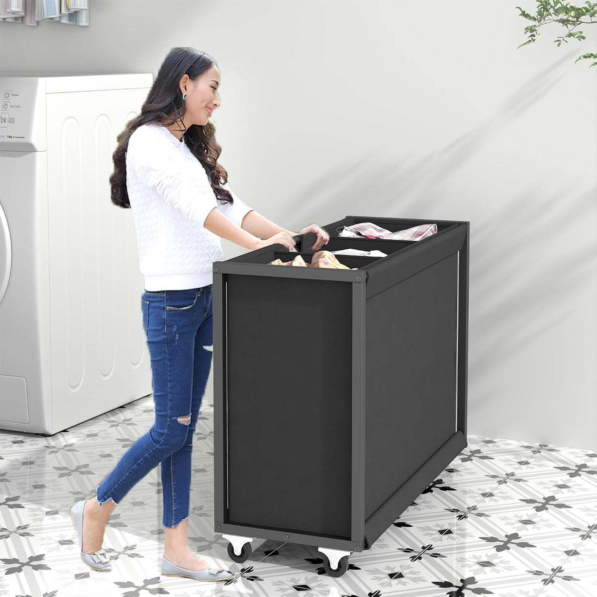 Laundry Hamper Laundry Basket with 3 Section Pull-Out Rolling Bags, Laundry Sorter for Organization and Storage with 2 Pull-Out Drawers for Laundry Room, Bathroom, Bedroom Use (Black)