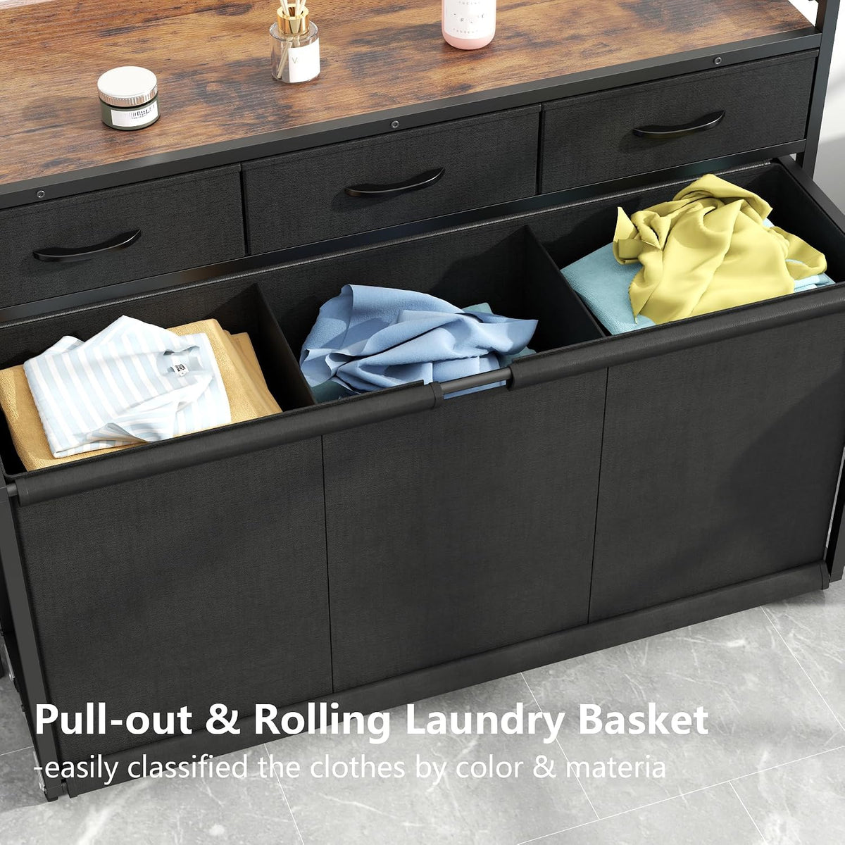 Laundry Hamper Laundry Basket with 3 Section Pull-Out Rolling Bags, Laundry Sorter for Organization and Storage with 2 Pull-Out Drawers for Laundry Room, Bathroom, Bedroom Use (Black)