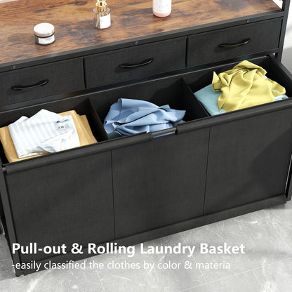 Laundry Hamper Laundry Basket with 3 Section Pull-Out Rolling Bags, Laundry Sorter for Organization and Storage with 2 Pull-Out Drawers for Laundry Room, Bathroom, Bedroom Use (Black)