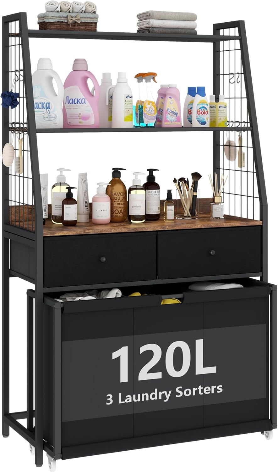 Laundry Hamper Laundry Basket with 3 Section Pull-Out Rolling Bags, Laundry Sorter for Organization and Storage with 2 Pull-Out Drawers for Laundry Room, Bathroom, Bedroom Use (Black)
