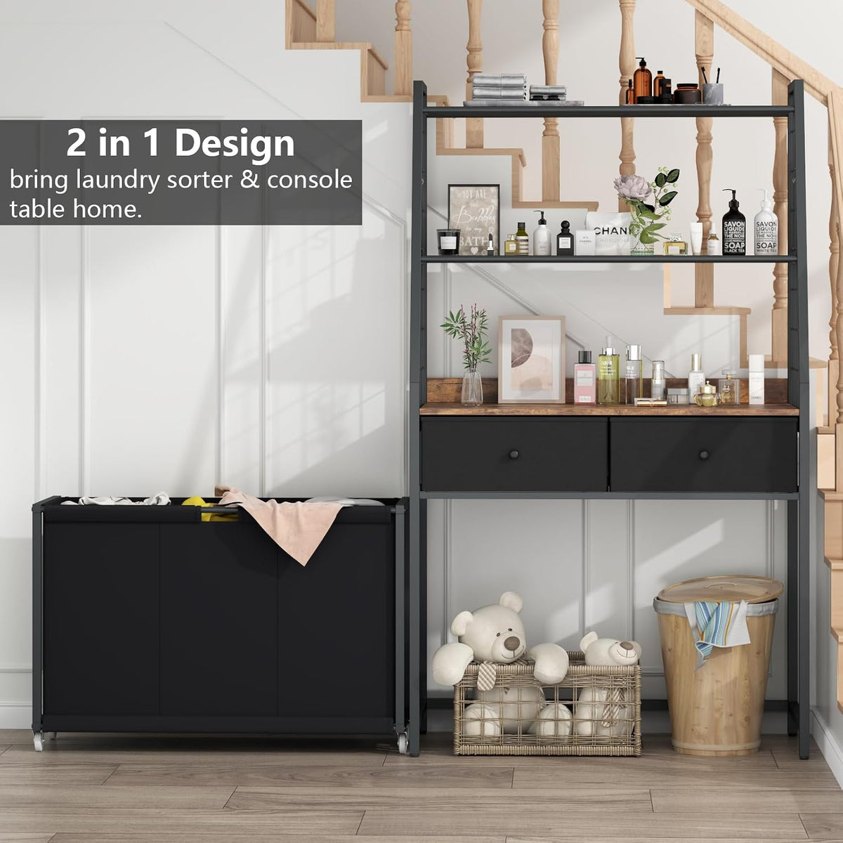 Laundry Hamper Laundry Basket with 3 Section Pull-Out Rolling Bags, Laundry Sorter for Organization and Storage with 2 Pull-Out Drawers for Laundry Room, Bathroom, Bedroom Use (Black)