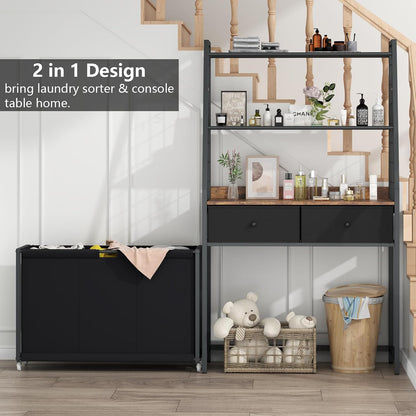 Laundry Hamper Laundry Basket with 3 Section Pull-Out Rolling Bags, Laundry Sorter for Organization and Storage with 2 Pull-Out Drawers for Laundry Room, Bathroom, Bedroom Use (Black)