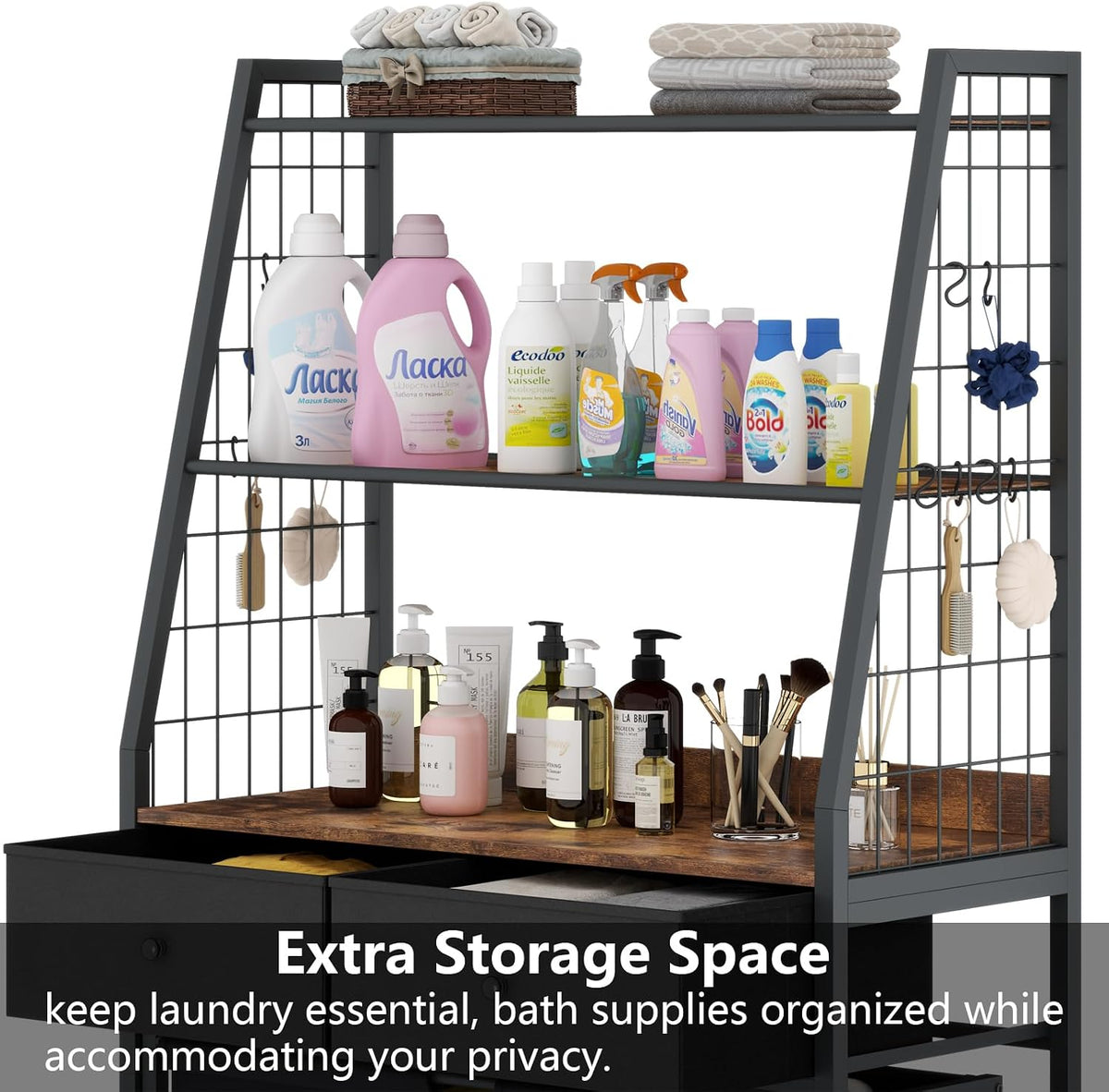 Laundry Hamper Laundry Basket with 3 Section Pull-Out Rolling Bags, Laundry Sorter for Organization and Storage with 2 Pull-Out Drawers for Laundry Room, Bathroom, Bedroom Use (Black)