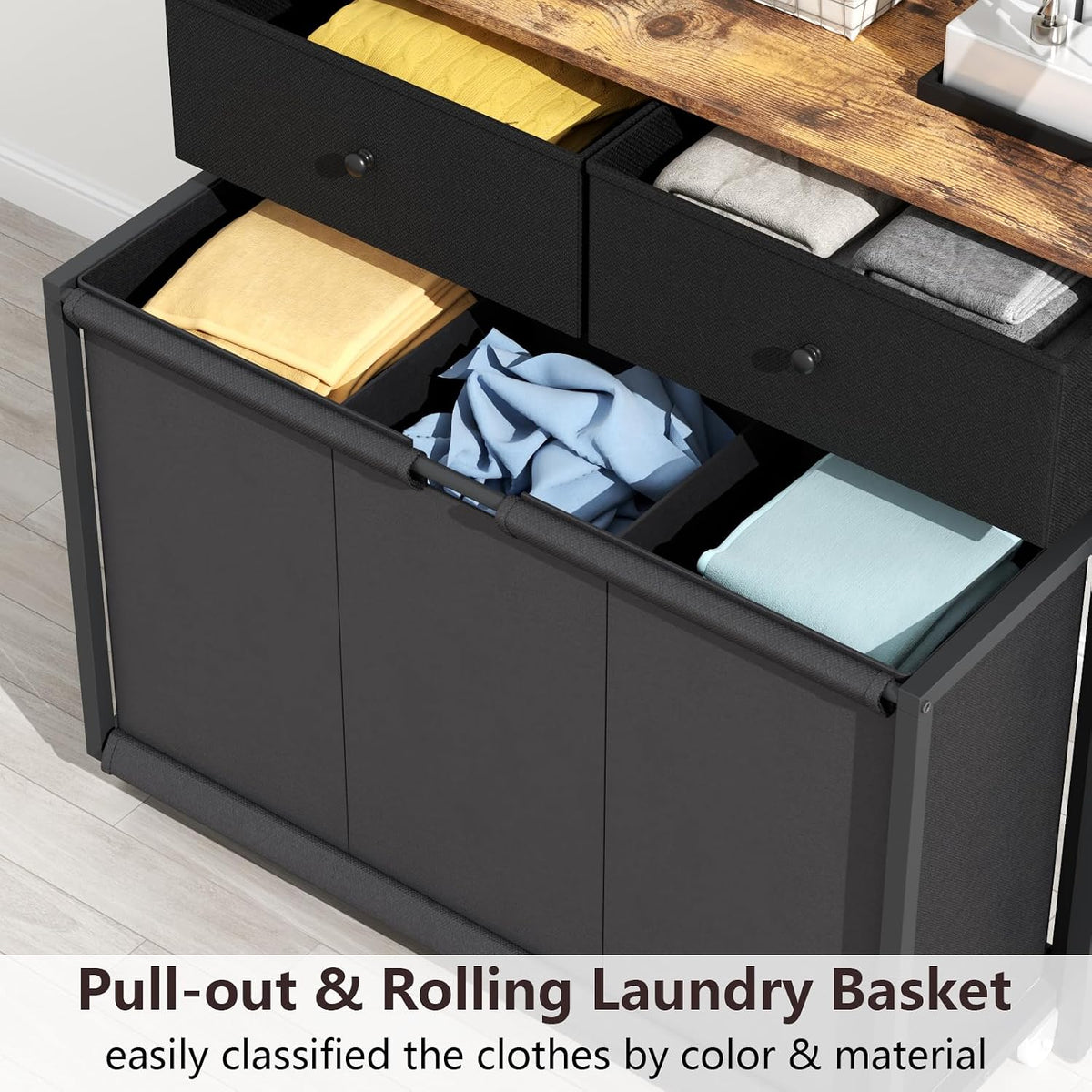 Laundry Hamper Laundry Basket with 3 Section Pull-Out Rolling Bags, Laundry Sorter for Organization and Storage with 2 Pull-Out Drawers for Laundry Room, Bathroom, Bedroom Use (Black)