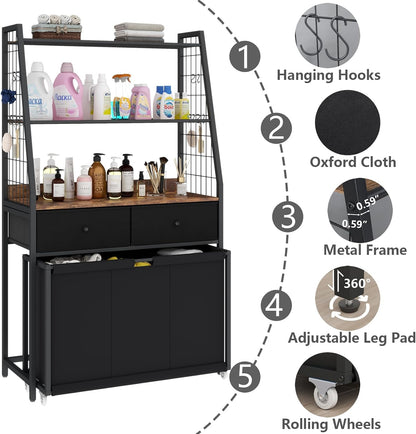 Laundry Hamper Laundry Basket with 3 Section Pull-Out Rolling Bags, Laundry Sorter for Organization and Storage with 2 Pull-Out Drawers for Laundry Room, Bathroom, Bedroom Use (Black)
