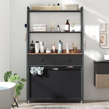 Laundry Hamper Laundry Basket with 3 Section Pull-Out Rolling Bags, Laundry Sorter for Organization and Storage with 2 Pull-Out Drawers for Laundry Room, Bathroom, Bedroom Use (Black)