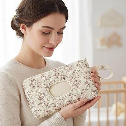 Floral Quilted Baby Wipe Holder Pouch with Hanging Strap