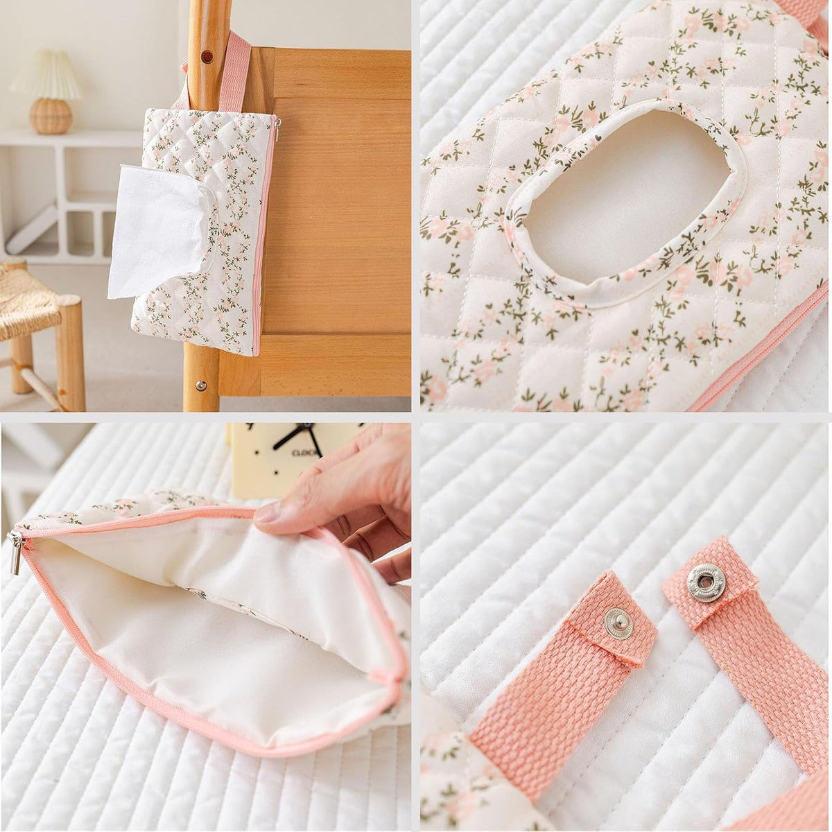 Floral Quilted Baby Wipe Holder Pouch with Hanging Strap