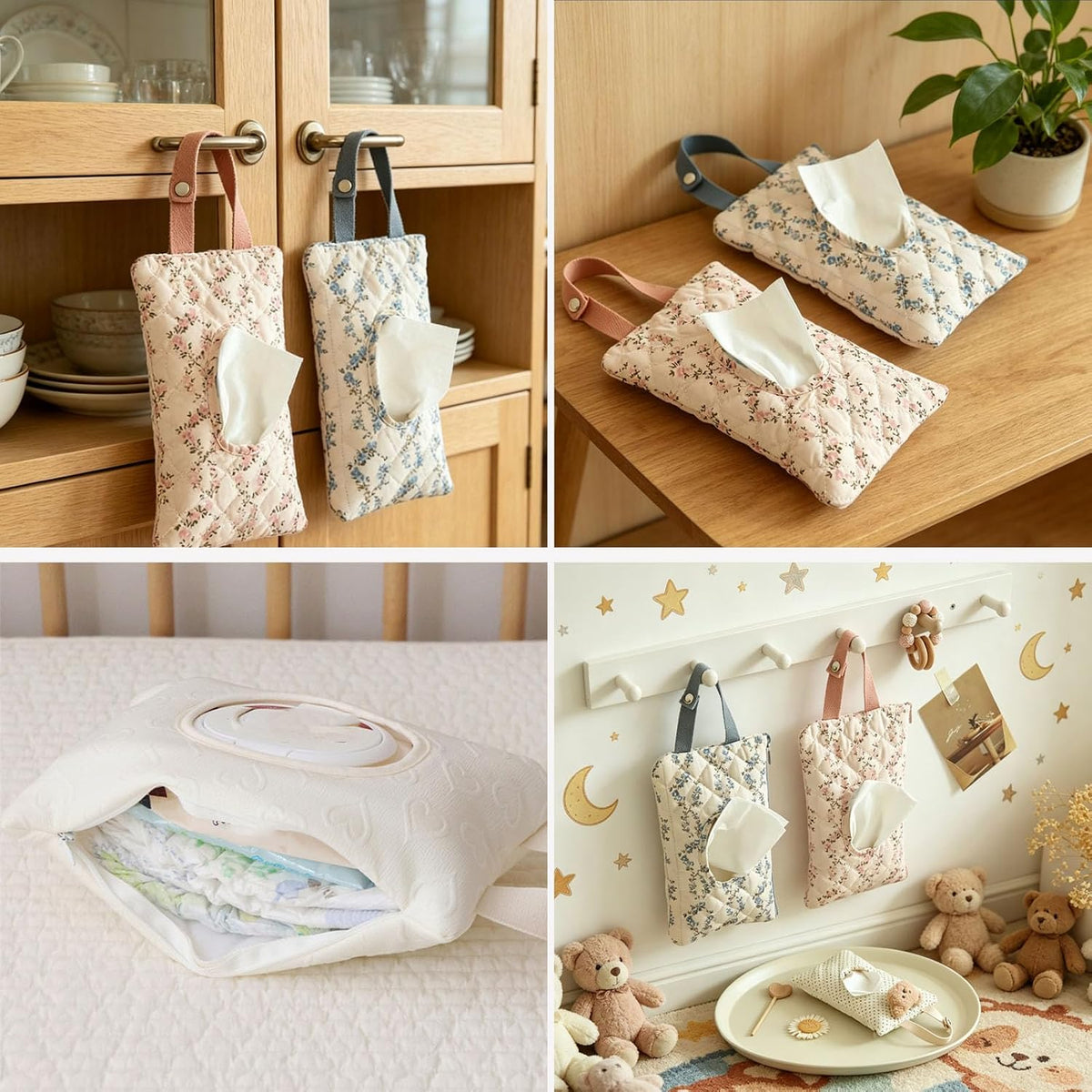Floral Quilted Baby Wipe Holder Pouch with Hanging Strap