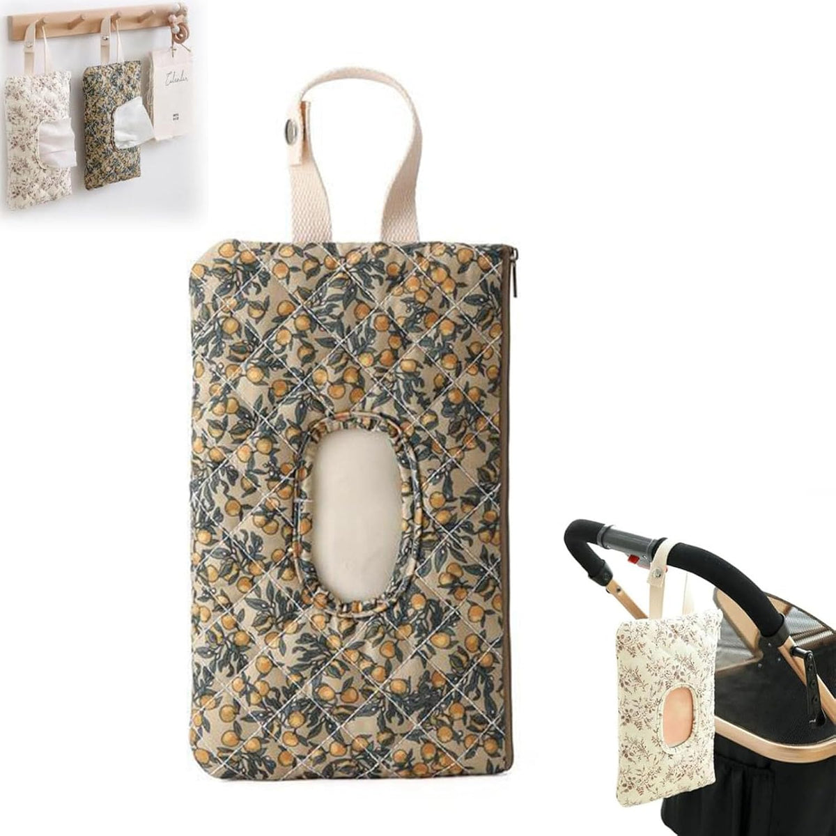 Floral Quilted Baby Wipe Holder Pouch with Hanging Strap