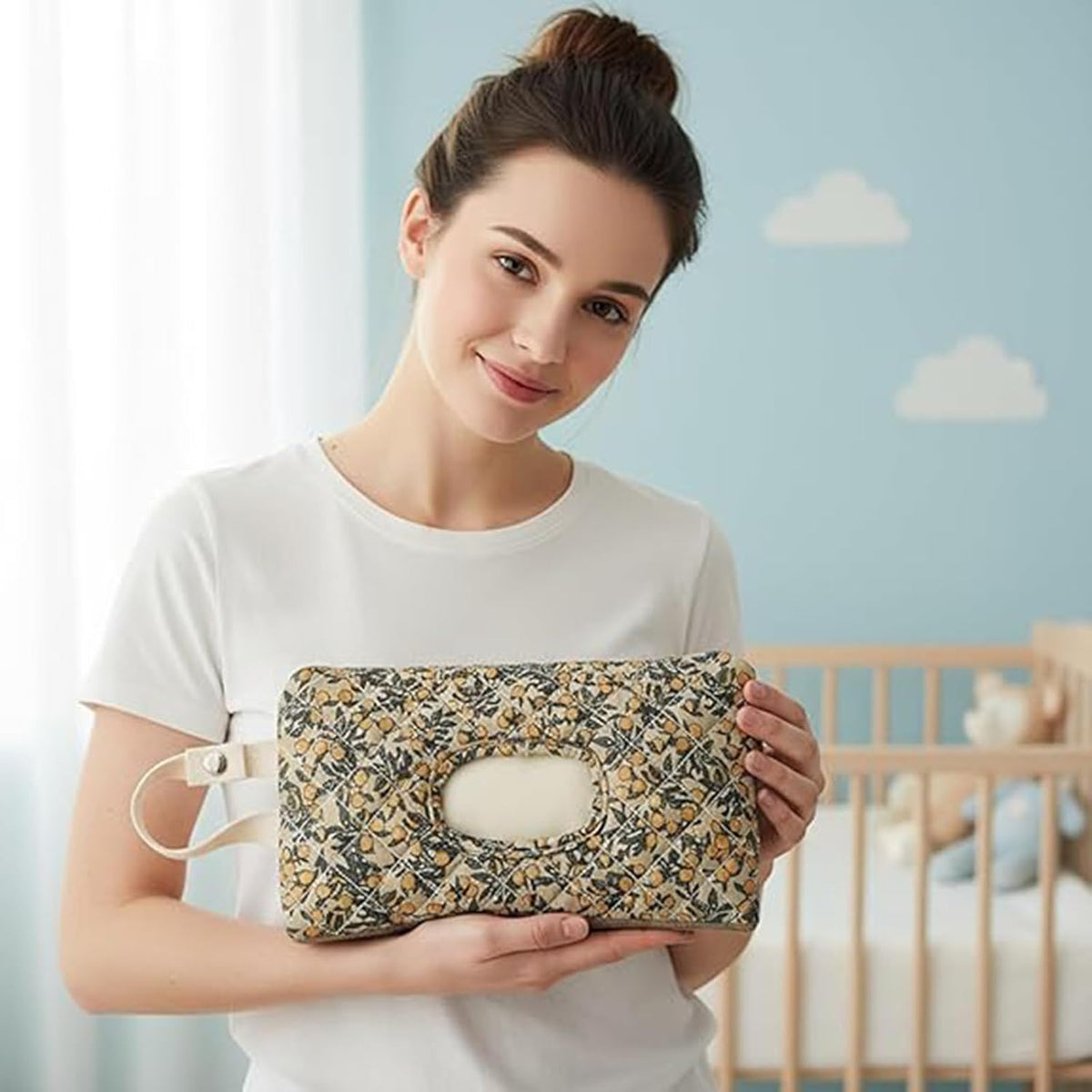 Floral Quilted Baby Wipe Holder Pouch with Hanging Strap