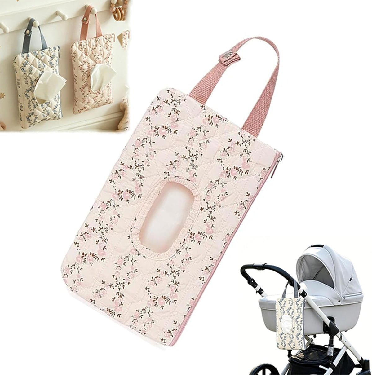 Floral Quilted Baby Wipe Holder Pouch with Hanging Strap