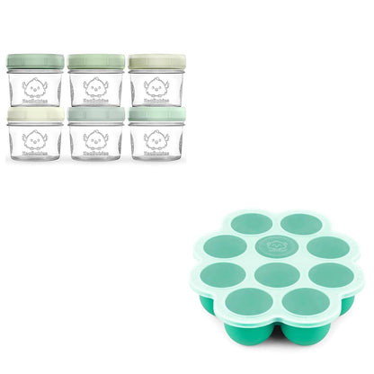 6-Pack Baby Food Glass Containers and Silicone Baby Food Freezer Tray with Clip-on Lid - 4 oz Leak-Proof, Microwavable, Baby Food Storage Container - Breast Milk Trays for Freezer