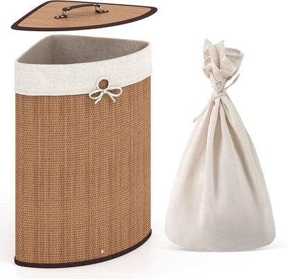 15 Gal Corner Laundry Hamper w/Lid, Removable Liner & Handle Beige