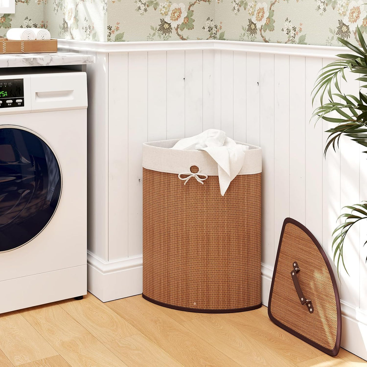 15 Gal Corner Laundry Hamper w/Lid, Removable Liner & Handle Beige
