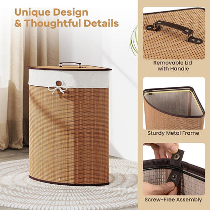 15 Gal Corner Laundry Hamper w/Lid, Removable Liner & Handle Beige