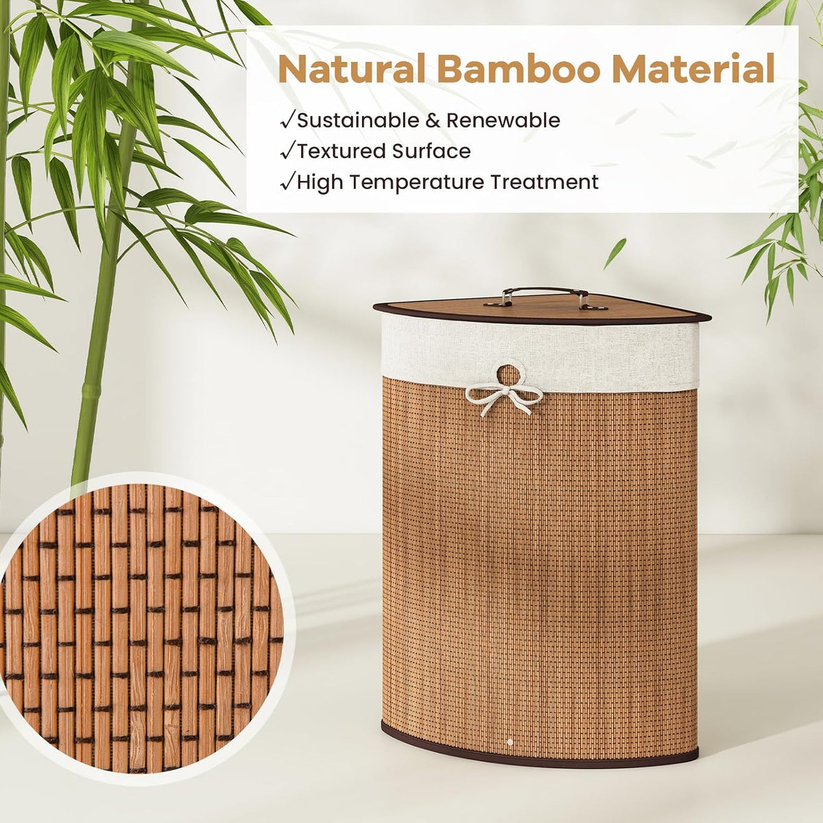 15 Gal Corner Laundry Hamper w/Lid, Removable Liner & Handle Beige