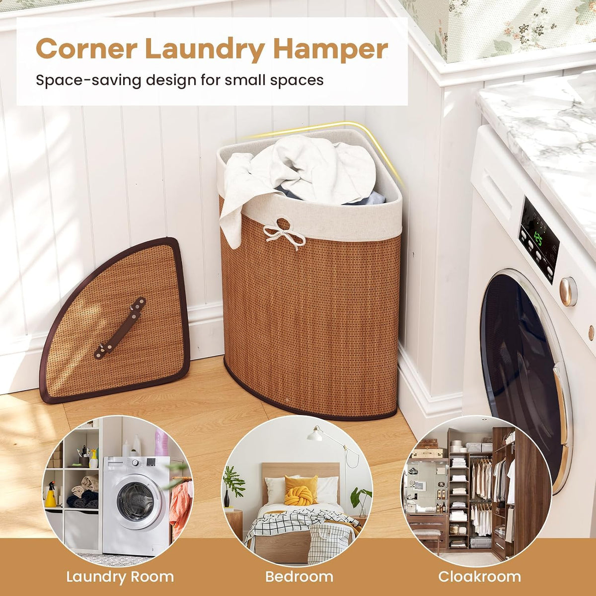 15 Gal Corner Laundry Hamper w/Lid, Removable Liner & Handle Beige