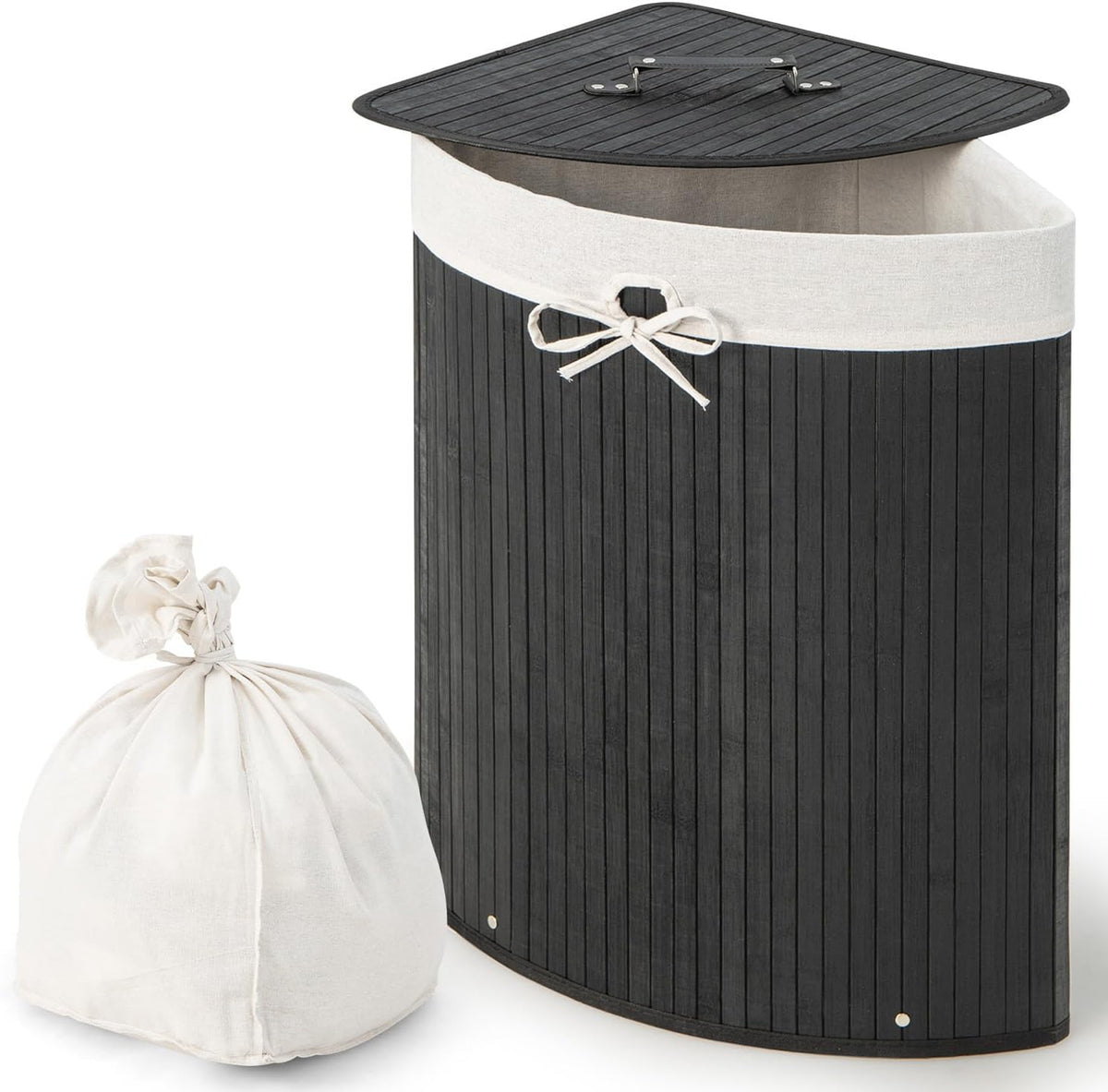 15 Gal Corner Laundry Hamper w/Lid, Removable Liner & Handle Beige