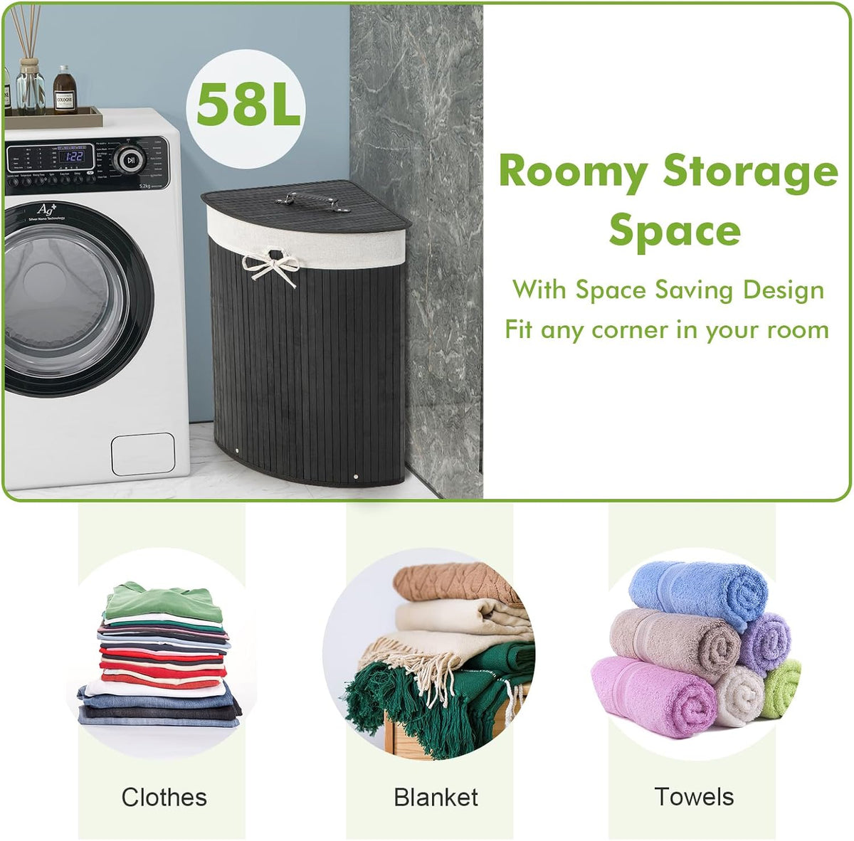 15 Gal Corner Laundry Hamper w/Lid, Removable Liner & Handle Beige