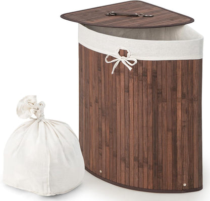15 Gal Corner Laundry Hamper w/Lid, Removable Liner & Handle Beige