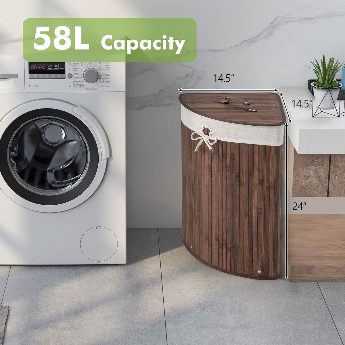 15 Gal Corner Laundry Hamper w/Lid, Removable Liner & Handle Beige