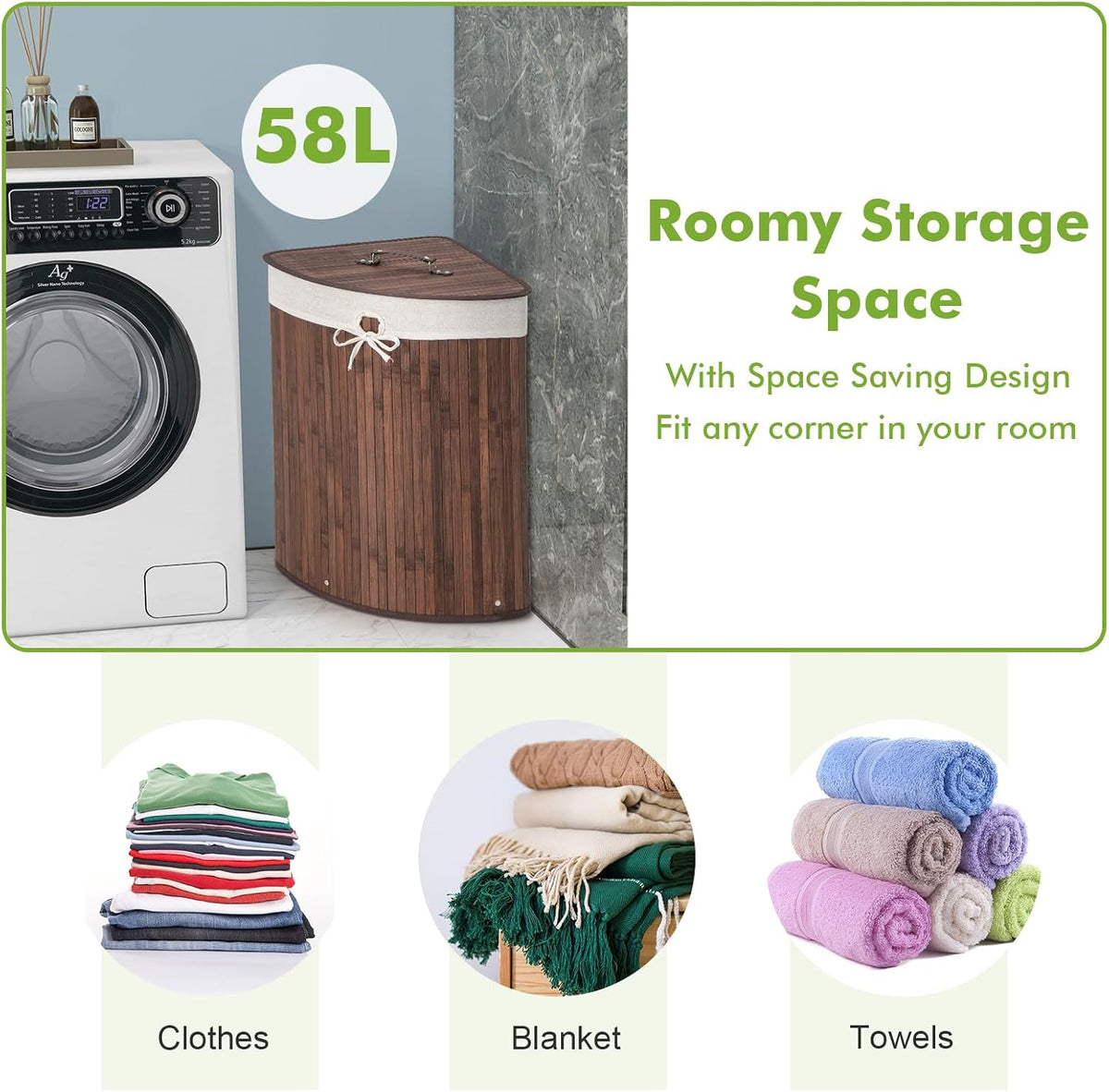 15 Gal Corner Laundry Hamper w/Lid, Removable Liner & Handle Beige