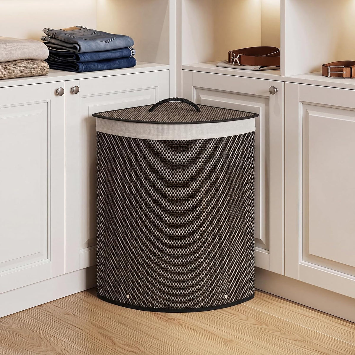 15 Gal Corner Laundry Hamper w/Lid, Removable Liner & Handle Beige