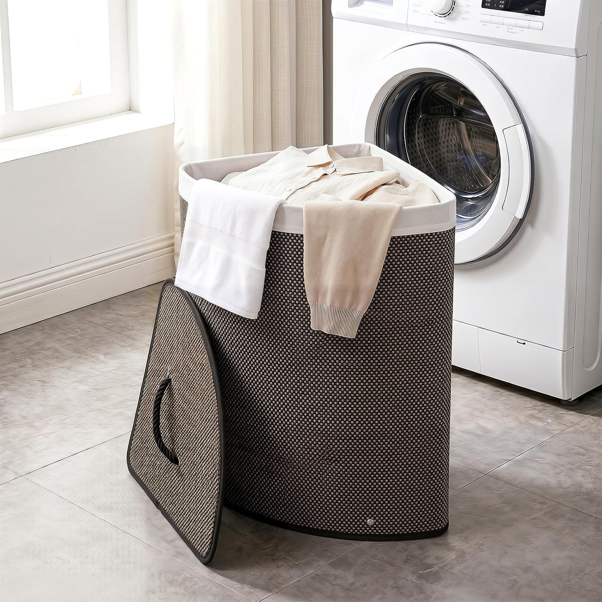 15 Gal Corner Laundry Hamper w/Lid, Removable Liner & Handle Beige