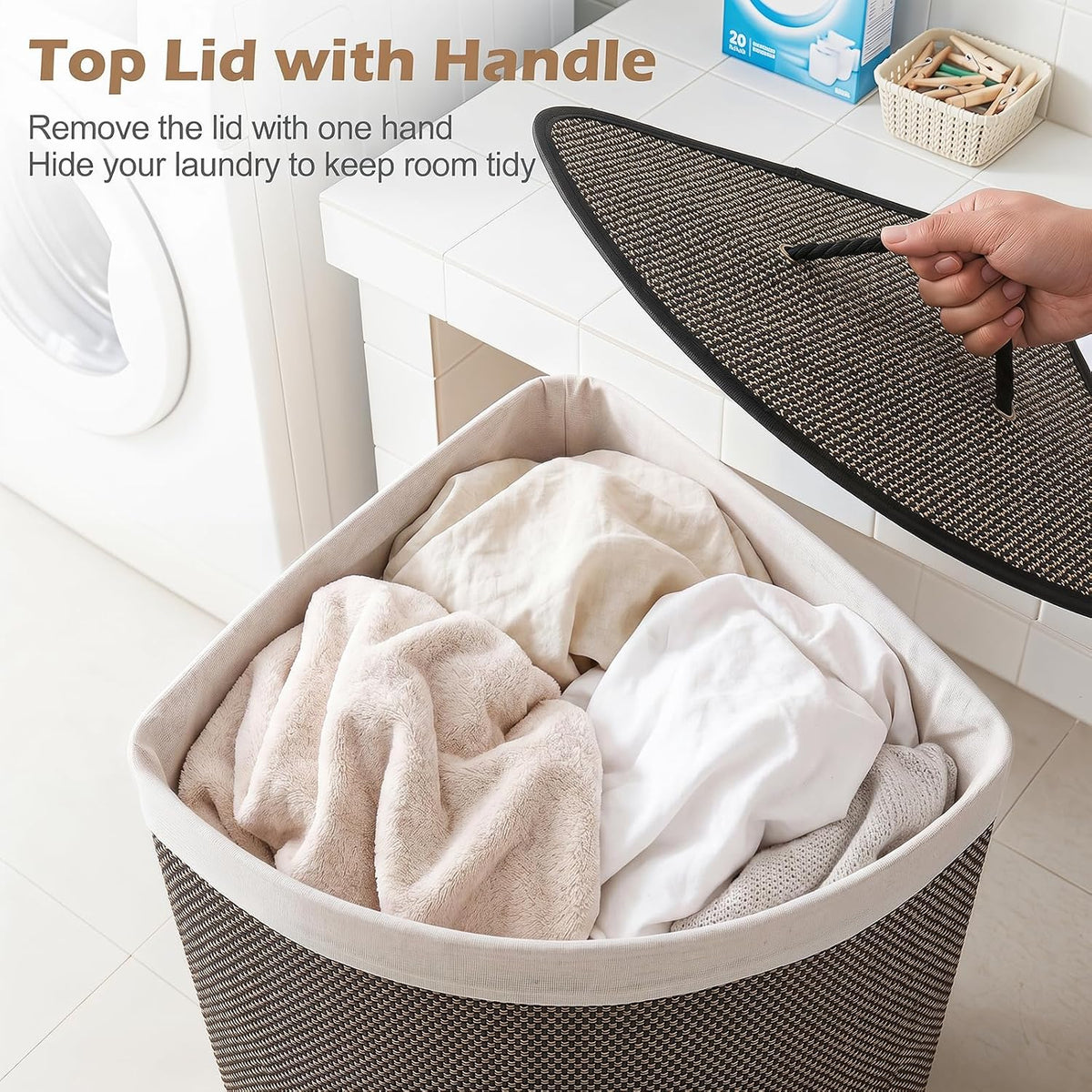 15 Gal Corner Laundry Hamper w/Lid, Removable Liner & Handle Beige
