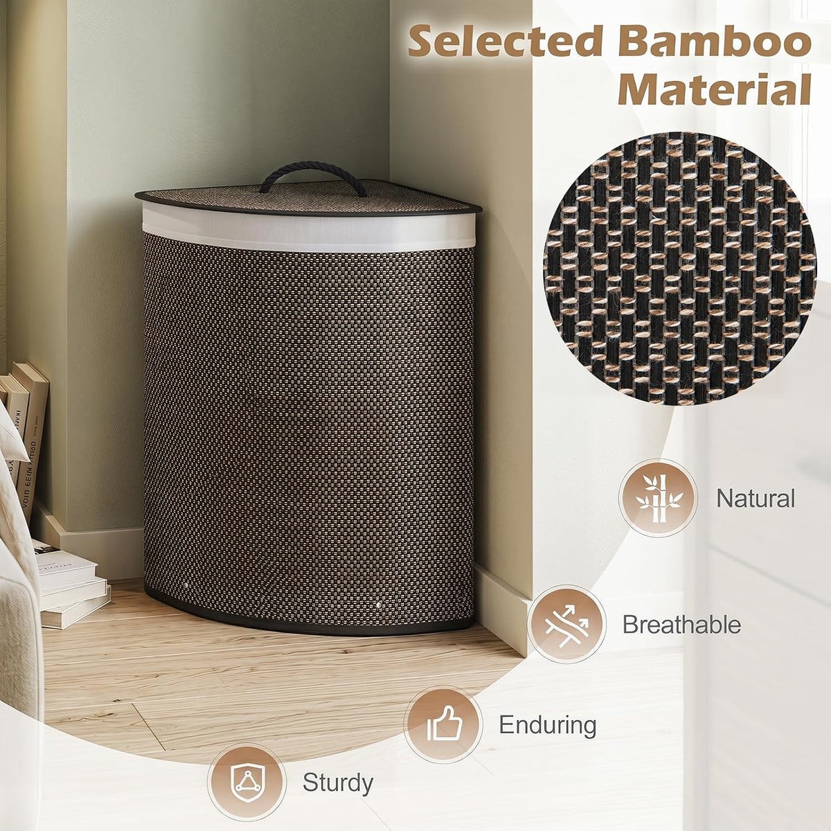 15 Gal Corner Laundry Hamper w/Lid, Removable Liner & Handle Beige