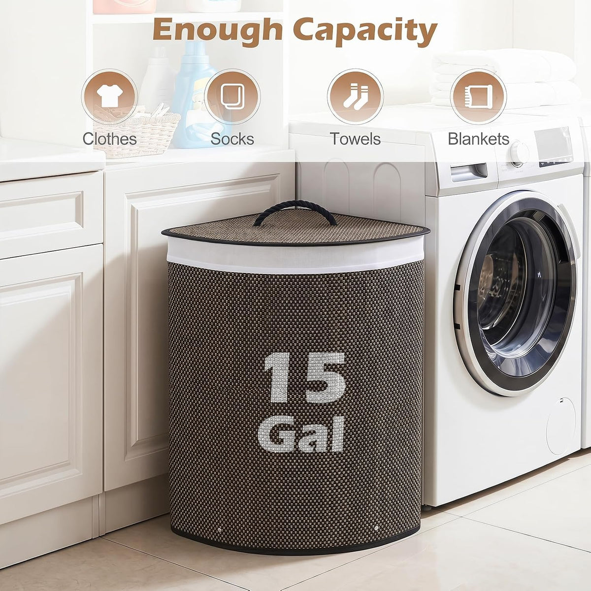 15 Gal Corner Laundry Hamper w/Lid, Removable Liner & Handle Beige