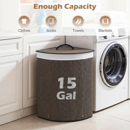 15 Gal Corner Laundry Hamper w/Lid, Removable Liner & Handle Beige