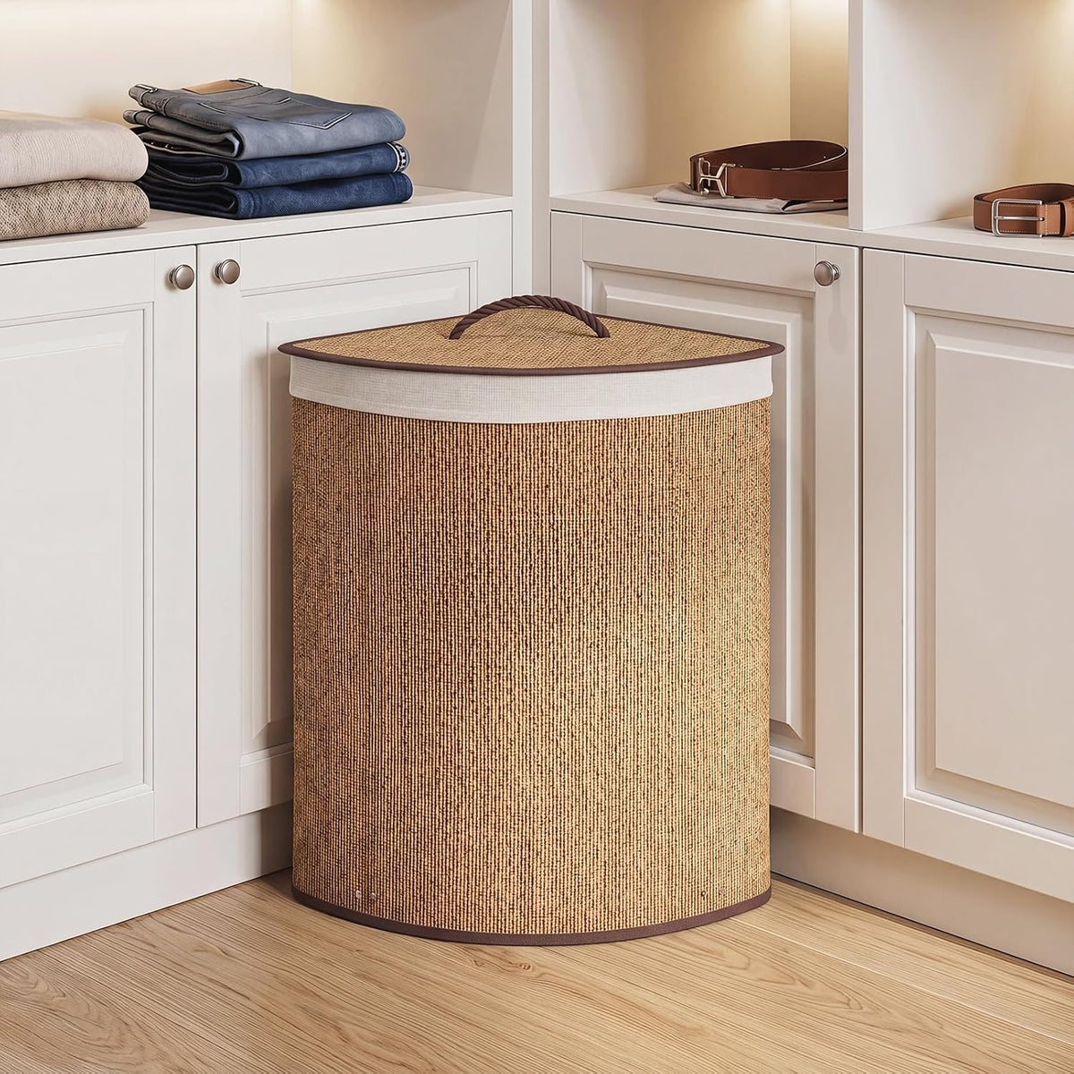 15 Gal Corner Laundry Hamper w/Lid, Removable Liner & Handle Beige