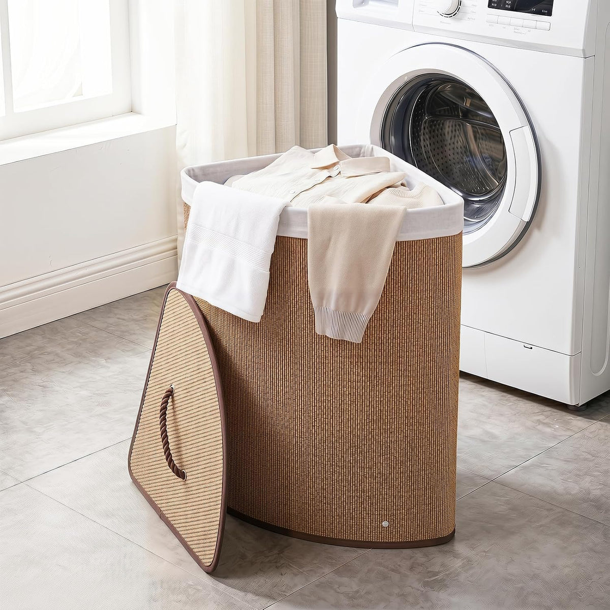 15 Gal Corner Laundry Hamper w/Lid, Removable Liner & Handle Beige