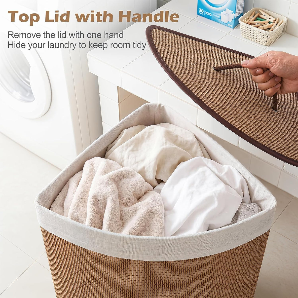 15 Gal Corner Laundry Hamper w/Lid, Removable Liner & Handle Beige