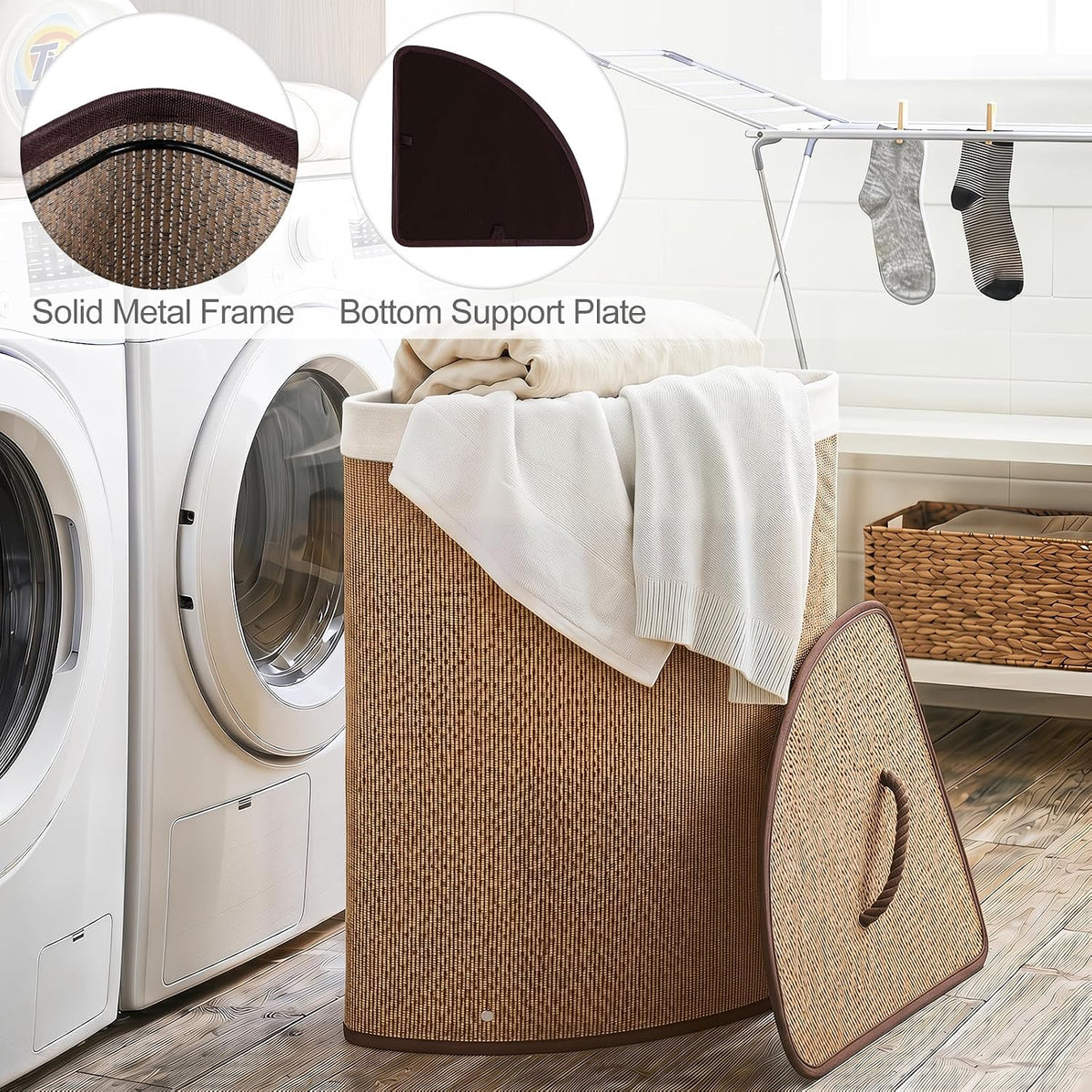 15 Gal Corner Laundry Hamper w/Lid, Removable Liner & Handle Beige